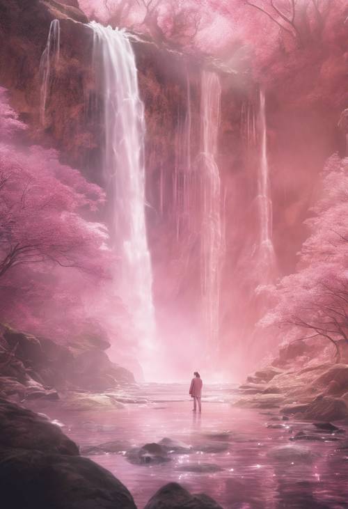 A close encounter of a light pink aura and a distant, crystalline waterfall.