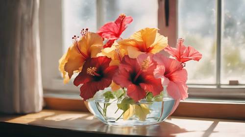 Букет сияющих цветов гибискуса в стеклянной вазе у окна в солнечный день.