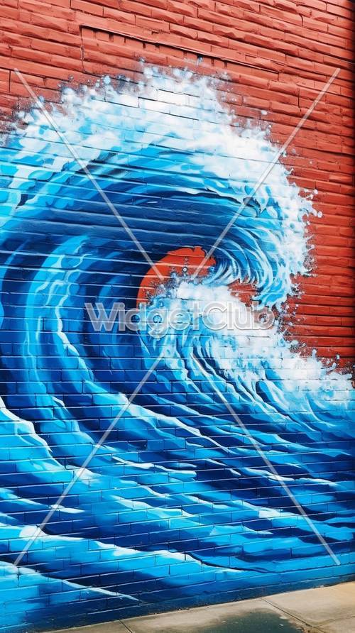 Blue Wave Art on Red Brick Wall