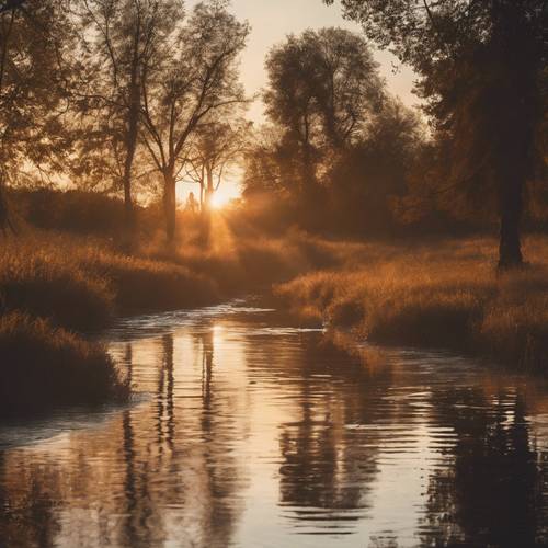 Тонкое изображение заходящего солнца, отражающегося в спокойной реке, создающего коричневое сияние.