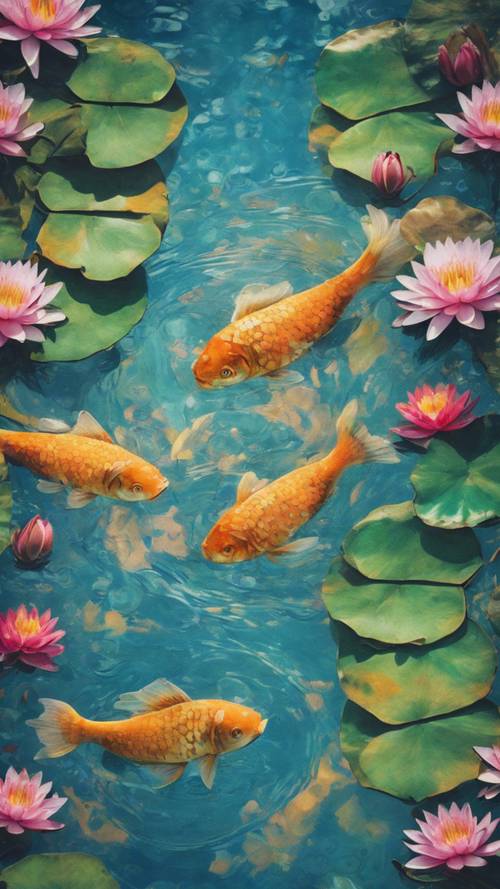 Une interprétation post-impressionniste du signe du zodiaque Poissons comme une piscine tranquille avec deux poissons vibrants reflétés sur les nénuphars.