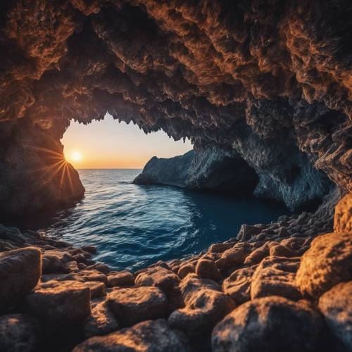 A large, textured navy blue cave by the sea during sunset.