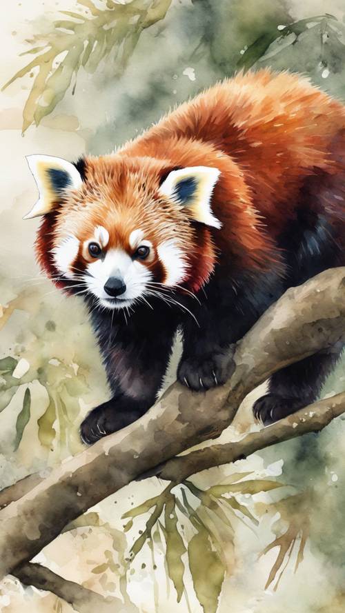 Un dipinto in stile acquerello di un panda rosso nel suo habitat naturale.