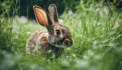 Um coelho de olhos arregalados escondido na grama verdejante.