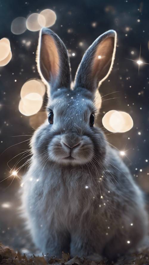 Kelinci mistis dengan bulu keperakan, diterangi cahaya bintang di malam yang cerah.