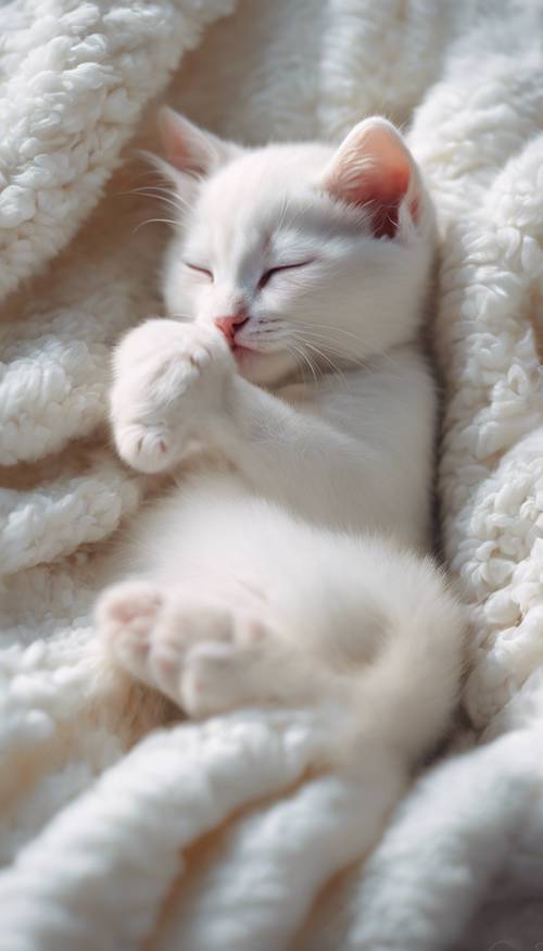 一隻安靜的白色小貓睡在柔軟蓬鬆的毯子上。
