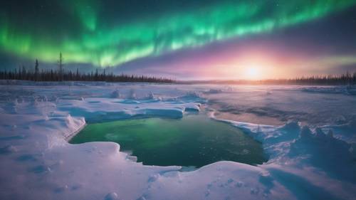 A frozen tundra under the ethereal glows of the Northern Lights.