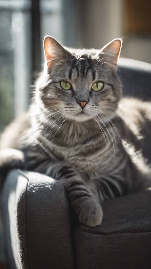 Um gato malhado cinza prateado enrolado em uma cadeira, seu pelo destacado pela luz do dia que entrava por uma janela próxima.