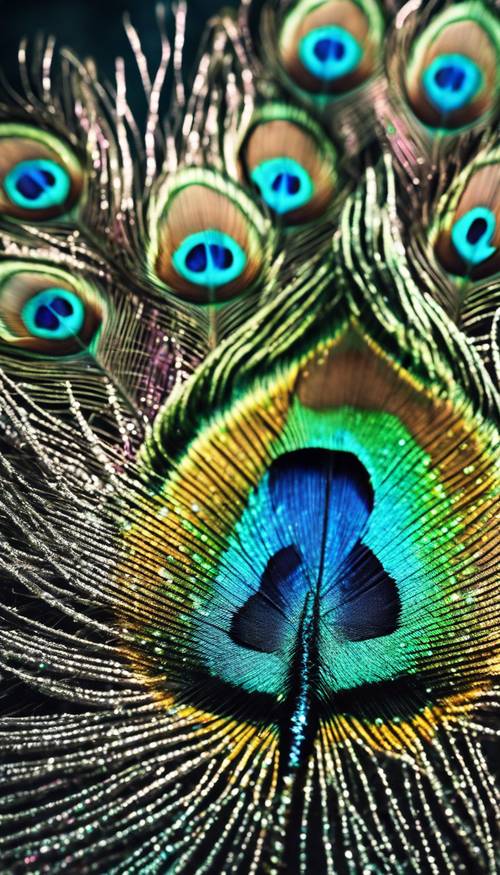 Design de cauda de pavão emplumado, detalhado com brilho turquesa iridescente.