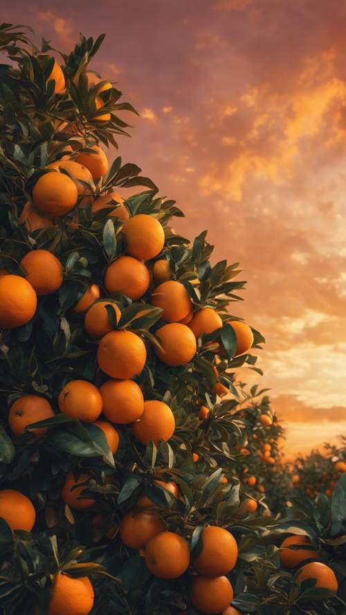 A grove of ripe, juicy oranges glowing under a brilliant sunset, coloring the sky in brilliant hues of orange and yellow.