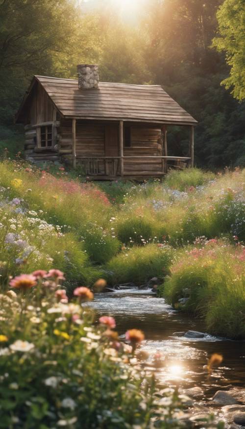 Un arroyo tranquilo y balbuceante junto a una cabaña rústica de estilo cottagecore, rodeado de flores silvestres y sol.