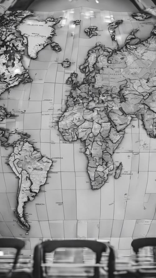 Un mapa mundial en escala de grises visualmente atractivo como pieza central de una biblioteca pública.