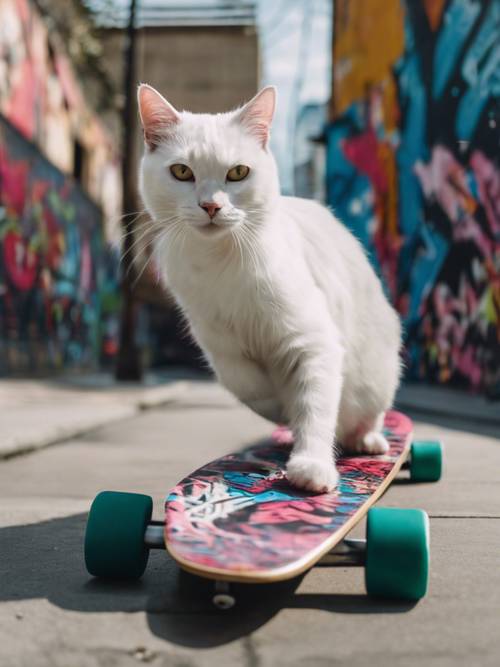 Gambar tengah aksi seekor kucing putih di atas papan luncur, meluncur di trotoar kota yang ramai, seni grafiti meningkatkan nuansa perkotaan.