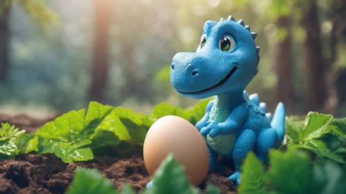 A happy blue dinosaur hatching from a textured egg, on a lush spring morning.