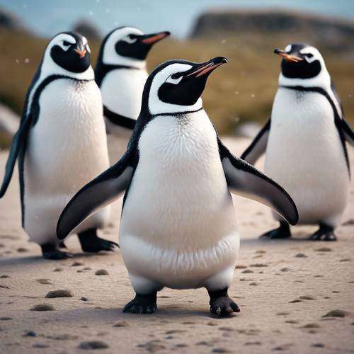 A group of chubby penguins waddling in unison as if dancing to a contagious rhythm on a glacial dance floor. Tapet [6384d5c35ee541e990b1]