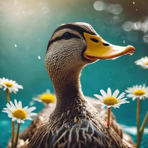 Seekor bebek penuh kepribadian memegang bunga aster di paruhnya, berpose seperti model di kolam biru kehijauan yang tenang.