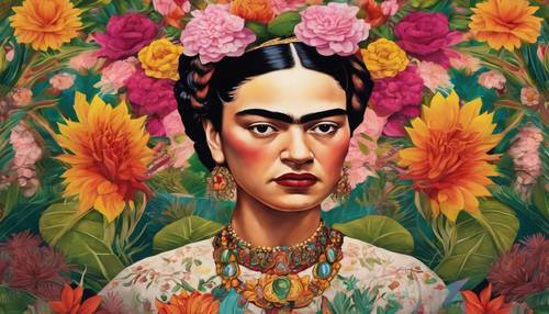 Żywy obraz inspirowany Fridą Kahlo z mnóstwem tradycyjnych meksykańskich kwiatów przypominających dżunglę.