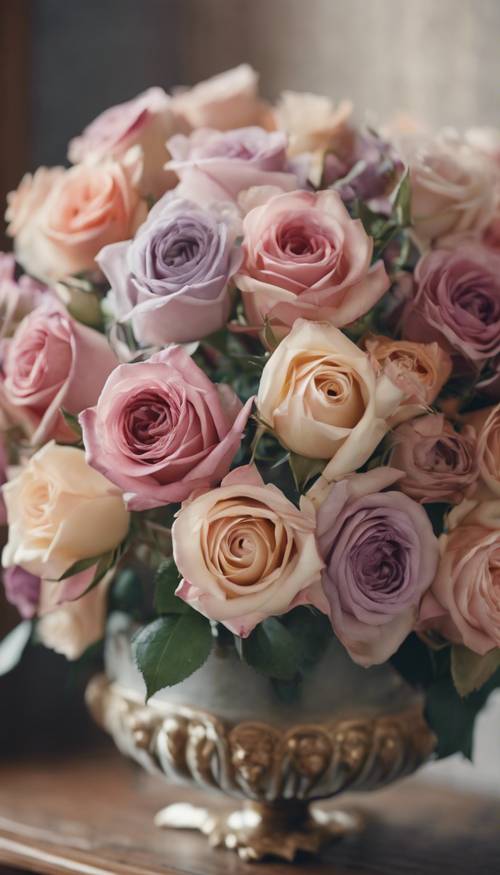부드러운 분홍색, 크림, 라벤더로 된 다양한 빈티지 장미 꽃다발의 클로즈업 샷은 새틴 레이스 리본으로 묶여 골동품 나무 옷장에 놓여 있습니다.