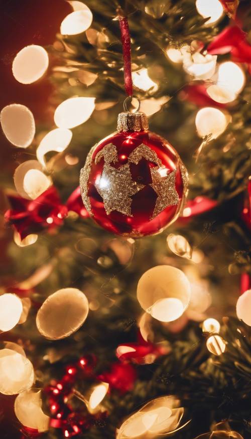 Vista offuscata astratta di un albero di Natale decorato in rosso e oro nella scarsa luce della sera.