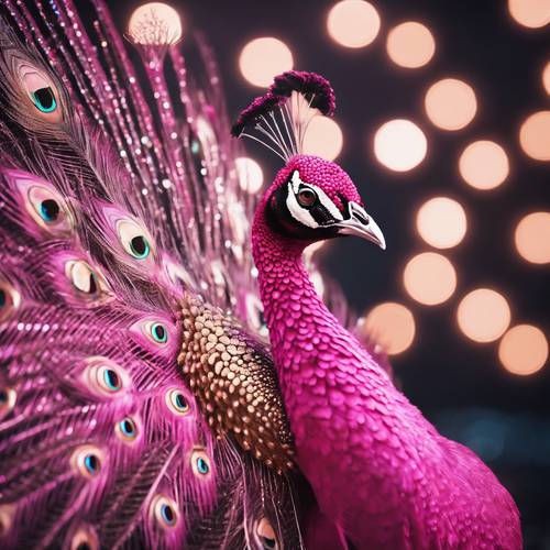 一只粉红色的孔雀，其镶嵌着宝石的尾巴在月光下展现出来。