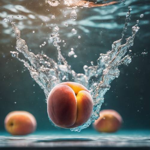Bidikan bawah air dari buah persik yang dijatuhkan ke dalam air jernih.