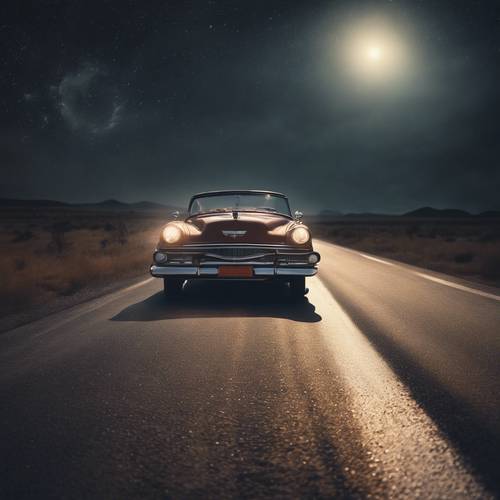 Un&#39;auto d&#39;epoca sfreccia lungo una strada aperta al chiaro di luna, portando nell&#39;aria polvere e nostalgia.