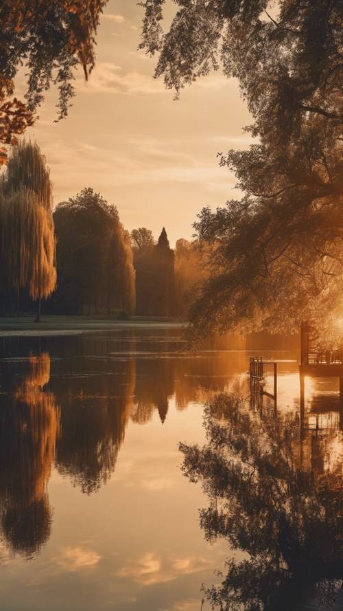 Pemandangan taman yang indah saat matahari terbenam, dengan cahaya kuning terpantul di danau yang tenang.