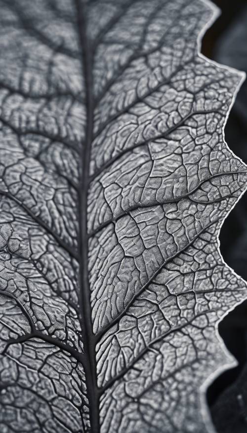A macro shot of a gray leaf showcasing its intricate vein pattern. Tapeta [d2f890ff83a74ed48164]