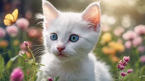 قطة بيضاء شريرة، تستعد للانقضاض على فراشة ملونة في حديقة ربيعية مزهرة.