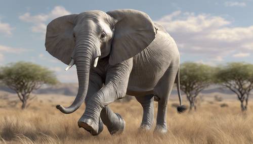 Un éléphant en 3D en pleine foulée, à midi, dans les plaines de la savane grise africaine