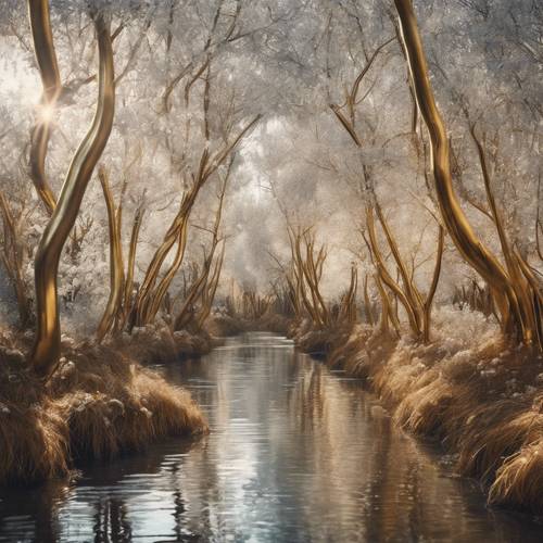 一片以银色的树木和金色的河流为主的超现实景观。 墙纸 [92be44efa5764dc889a2]