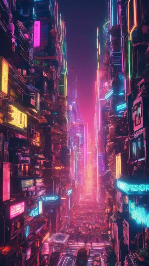 Un paysage urbain futuriste intégrant l&#39;esthétique Y2K et des néons colorés.