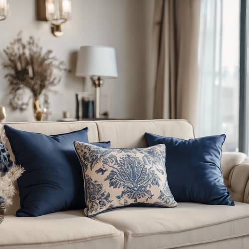 Bantal damask biru tua disusun di atas sofa krem.