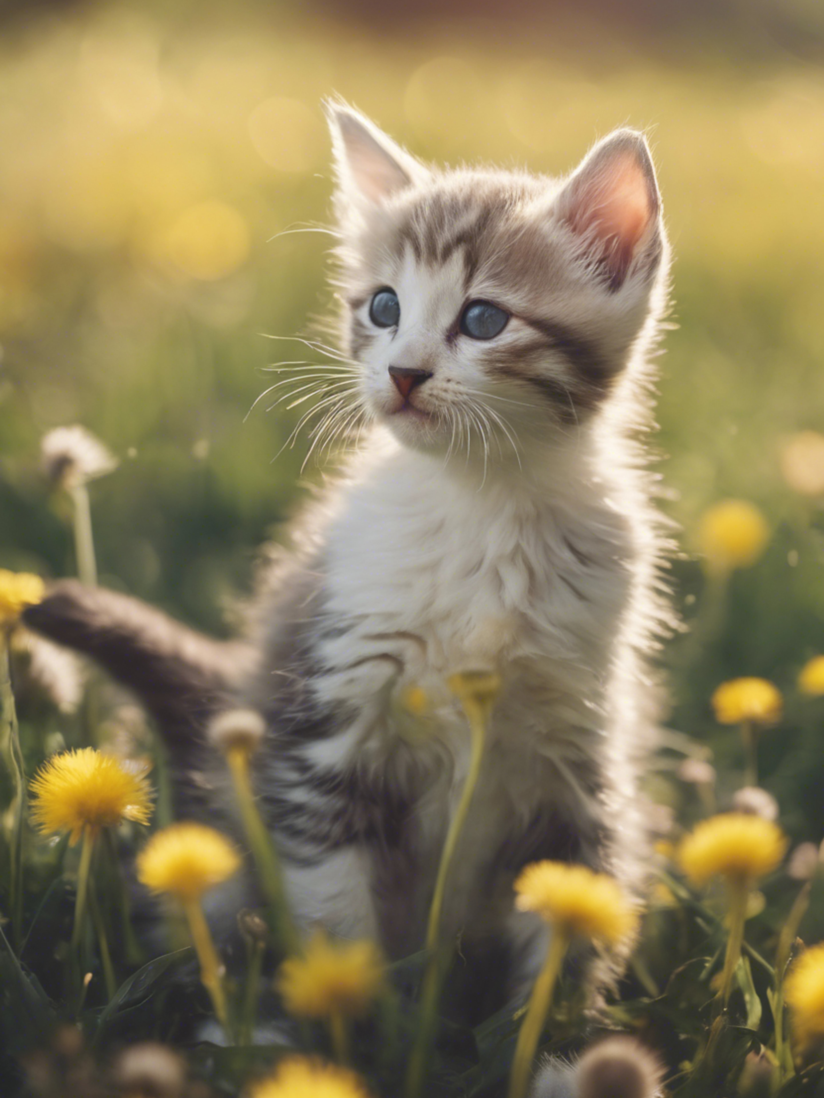 An adorable kitten playing in a field of dandelions.壁紙[3c336ebe7e974ecbade5]