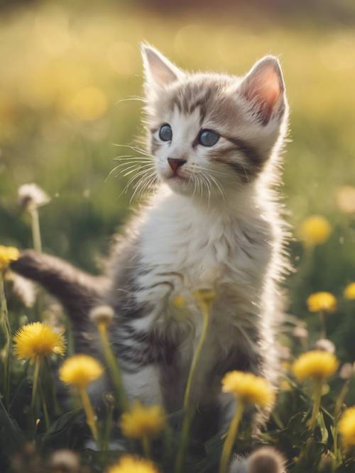 An adorable kitten playing in a field of dandelions.
