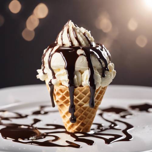 A delicious vanilla ice cream in white waffle cone with dark chocolate sauce dripping down.
