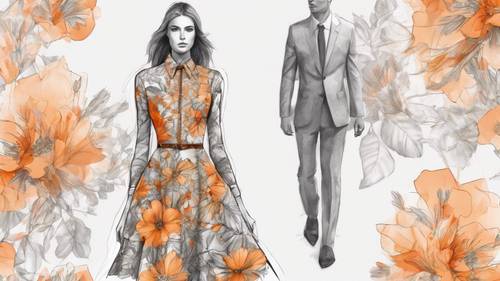 복잡한 오렌지색 꽃무늬 패턴이 있는 세련된 드레스를 특징으로 하는 패션 디자인 스케치입니다.