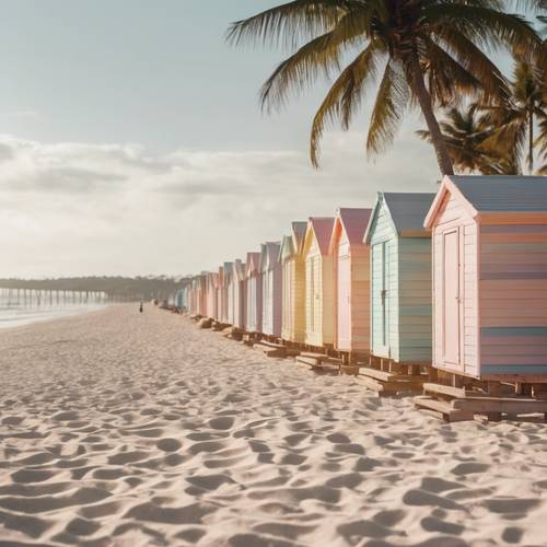 Una playa prístina con hileras de cabañas de playa de colores pastel que bordean la orilla arenosa.