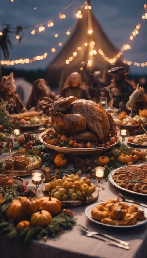 Une scène fantastique de créatures mythologiques partageant un grand banquet de Thanksgiving sous un ciel crépusculaire.