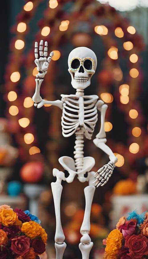Un esqueleto amigable saludando desde un altar del Día de Muertos brillantemente decorado. Fondo de pantalla [43e538663b844e18a95b]