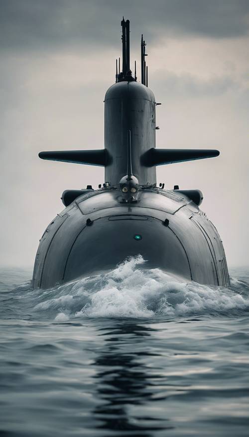 Un submarino naval moderno y de última generación que emerge del océano profundo y brumoso.