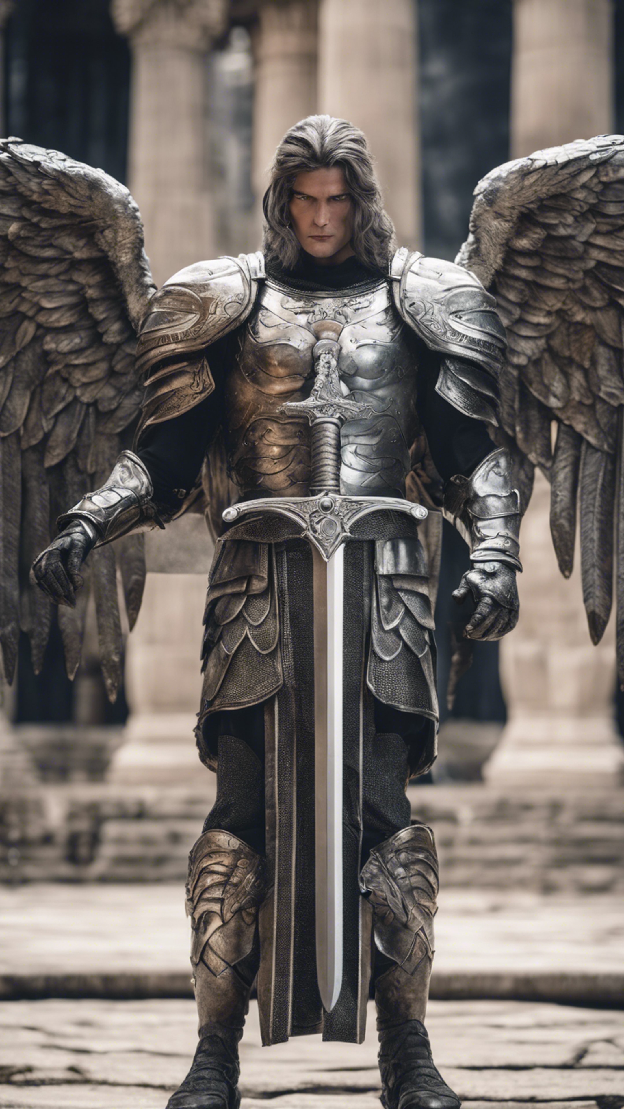 A strong archangel with a great silver sword in battle stance. Tapeta[1419cc1cb5fd40c69a58]