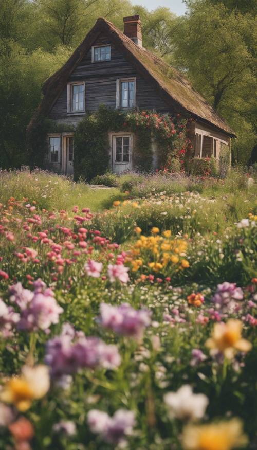 Une ferme rustique à la campagne, entourée de fleurs printanières vibrantes.