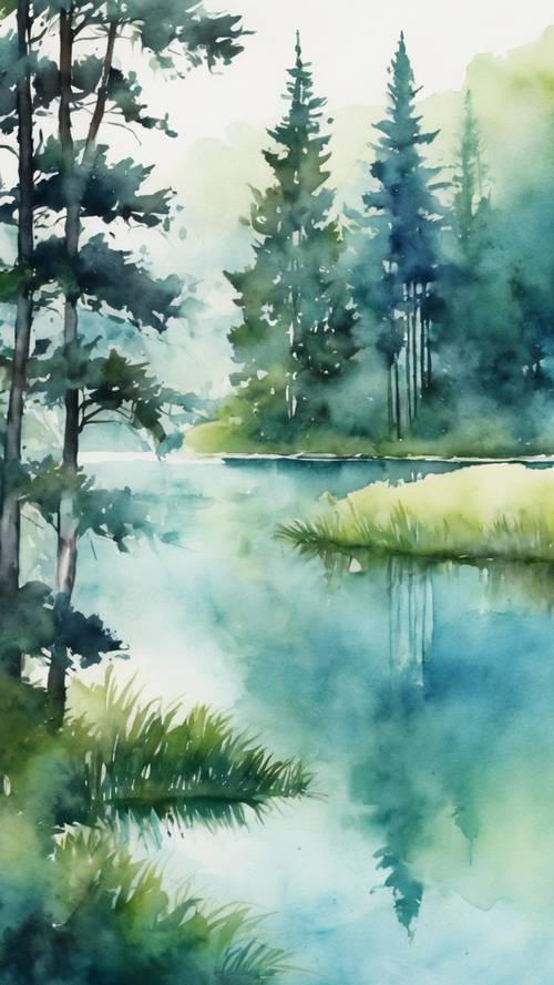 Безмятежный сине-зеленый акварельный пейзаж, изображающий спокойное озеро, окруженное высокими деревьями.