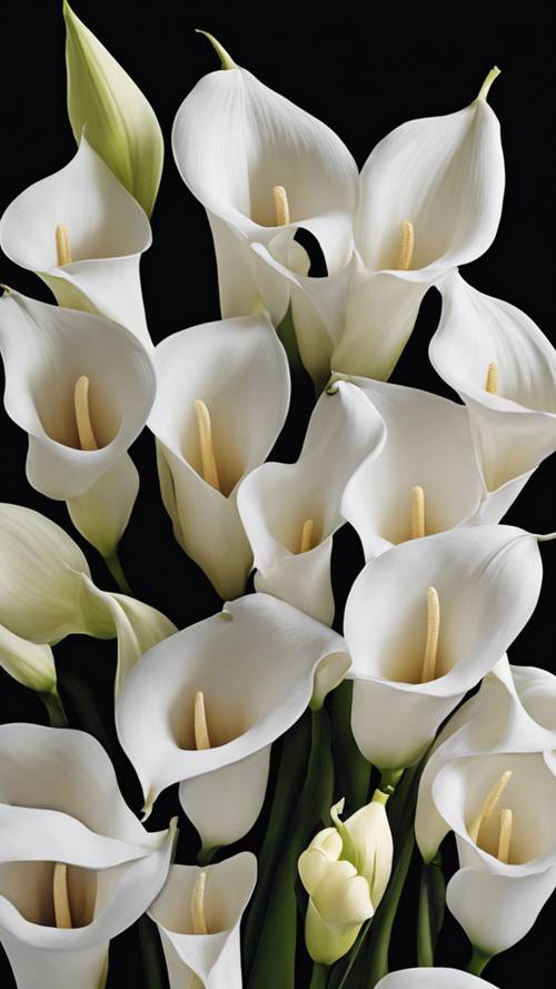 Tampilan jarak dekat dari bunga lili calla putih dengan latar belakang hitam yang kontras.
