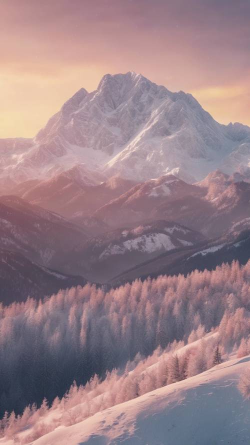 Une chaîne de montagnes enneigées éclairée par un coucher de soleil pastel.