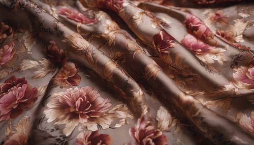 华丽的棕色丝绸织物，带有鲜艳的牡丹图案，铺在艺术家的桌子上。