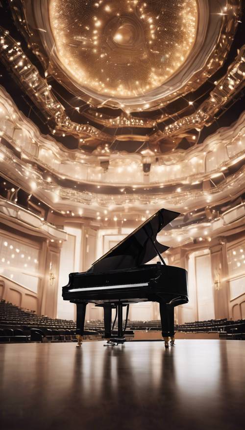 コンサートホールにそびえ立つ黒いメタリックな大きなピアノ