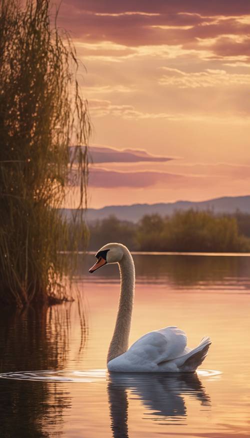 Um cisne sereno nadando em um lago tranquilo durante o pôr do sol, com o reflexo das tonalidades do pôr do sol na água.