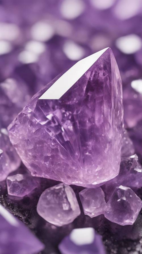 Una imagen de primer plano de un cristal de amatista de color violeta claro que brilla sutilmente.